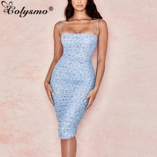 Colysmo Floral Dress Women Backless Sexy Bodycon Dresses Summer Beach Party Club Wear Pleated Ruched Knee-length Dress New