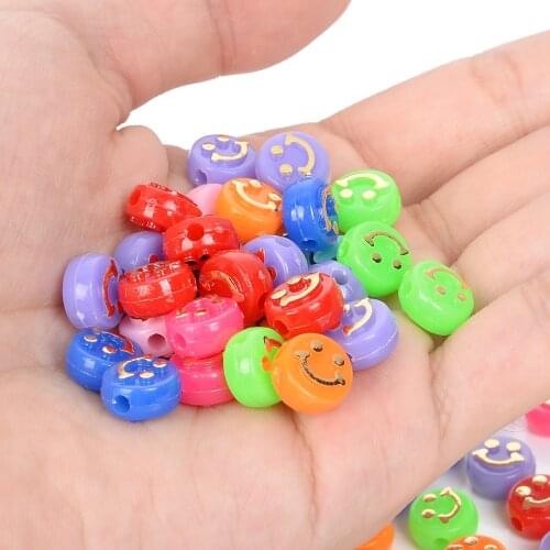 50Pcs 10MM Mixed Color Acrylic Beads Flat Gold Smile Round Loose Space Beads for Jewelry Making Bracelets Necklace Accessories