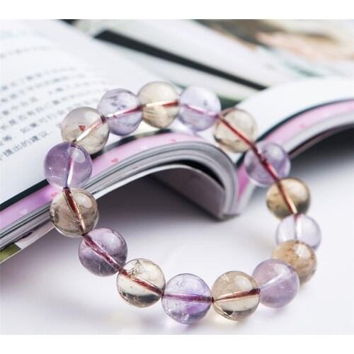 Genuine Purple Yellow Natural Ame trine Bracelets Women Lady Charming Crystal Ame thyst Quartz Round Bead Bracelet 13mm