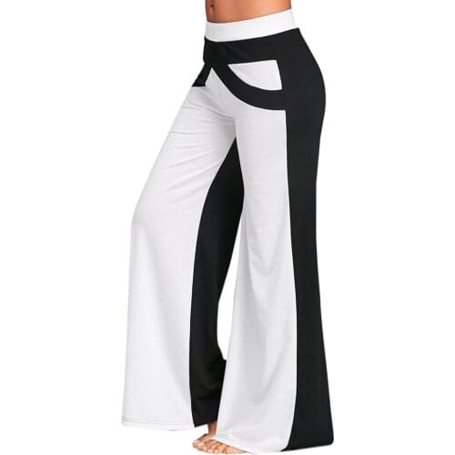 Causal Wide Leg Pants With Color Block Patchwork Women Pants Mid Elastic Waist Pants Loose Straight Flat Long Trousers