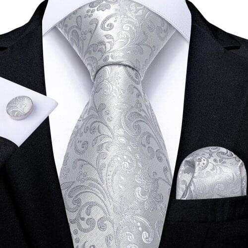 DiBanGu Men Necktie White Silver Pasiley Designer Silk Wedding Tie For Men Necktie Hanky Cufflink Tie Set Business Party MJ-1169