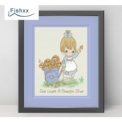 Fishxx Cross Stitch 14CT Kit European Style ChildrenS Bedroom Paintings H115 Girl And A Group Of Puppies