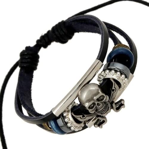Gothic Punk Men Skull Multilayer Leather Bracelet Alloy Sword Skeleton Beads Charm Bangle Wrap Wristbands Hiphop Fashion Jewelry