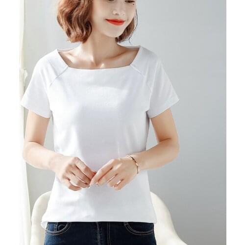 Cotton Women T-shirt Square Collar Short Sleeve women shirt All match Lady Top Black White Gray Yellow Shir