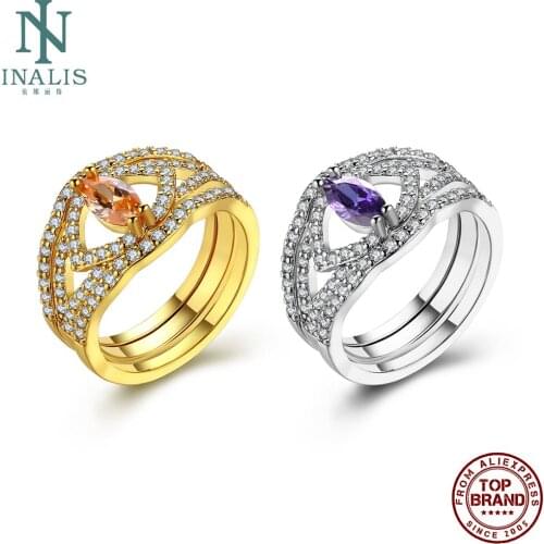 INALIS Copper Rings For Women Purple And Yellow Eyes Shape Zirconia 2 Color Simple Romantic Bridal Sets Rings Fashion Jewelry