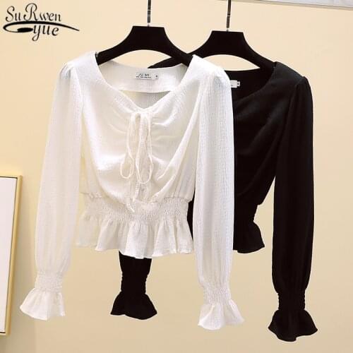 2021 Autumn New Slim Korean Long Sleeve All-match Overall for Women Solid Womens Shirt Drawstring Short Top Female BLUSAS 11059