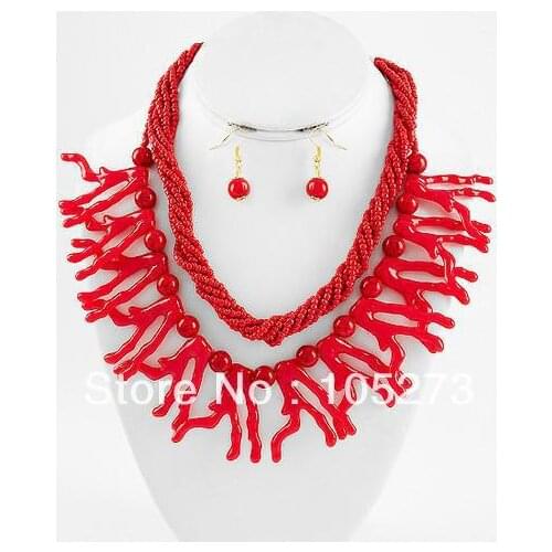 Chunky Beach Sea Lift Red Coral Reef 4-35mm 18-21'' Necklace S925 Silvers Dangle Earrings Top Quality Wedding Gift For Women