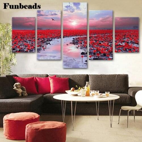 Lotus pond landscape Diamond Painting 5 Pieces Square Round 3d Diamond Embroidery Diamond Mosaic Decor Hobbies And Crafts FF733