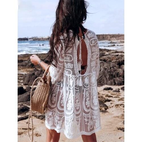 2021 New Sexy Beach Cover Up Swimsuit White Beach Lace Dress Women Bikini Swimwear Bathing Suit Summer Beach Wear