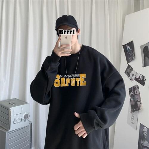 2021 New Round Neck Plus Velvet Sweatshirt Mens Korean Version Of The Autumn Winter Trend Loose All-Match Sweatshirt