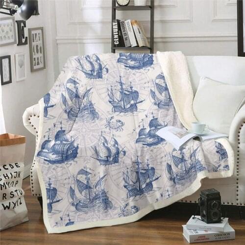 Nautical Throw Blanket, Teens Retro Sailboat Plush Bed Blanket Throw Size, Anchor Compass Sherpa Blanket for Kids Boys Adult