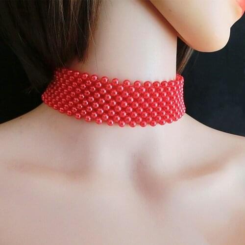 Handmade Weaving Pearl Necklace For Women Red Pink Green Golden Pearl Chokers Collar Layered Pearl Necklace Jewelry Female Mujer