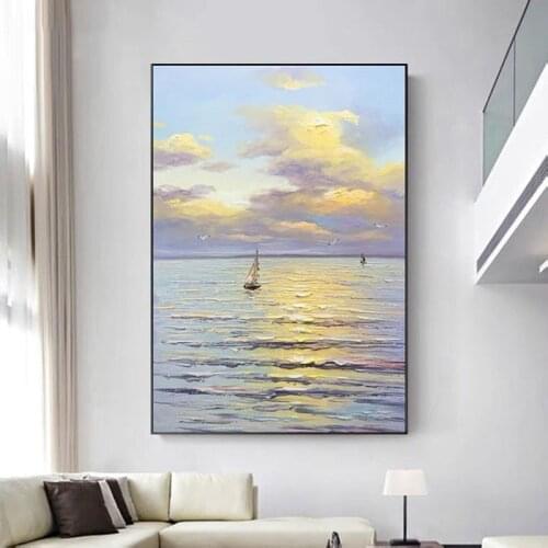 Landscape Picture Boat at Sea Oil Painting On Canvas Painting Modern Abstract Blue Decoration Picture For Living Room No Frame