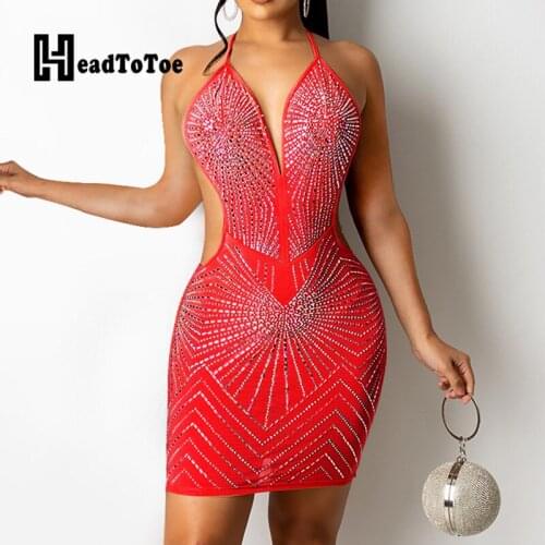 Sexy Backless V Neck Halter Rhinestone Bodycon Party Dress Women See Through Mesh Mini Club Dress