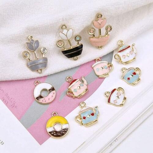 10pcs Korean Sweet Earrings Girls Teapot Teacup Potted Donut Cute Earrings For Womens Cartoon Pendant Diy Jewelry Accessories