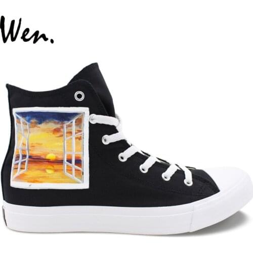 Wen Design Window Scenery Sunset Hand Painted Athletic Shoes Black High Top Canvas Sneakers Men Women Plimsolls Gym Shoes