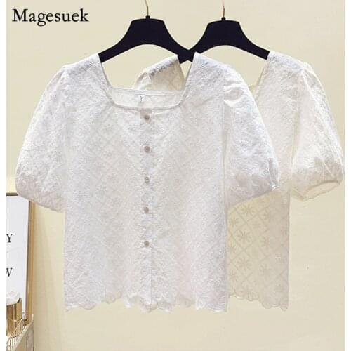 Puff Short Sleeve Women Blouses Summer New Square Collar Cotton Linen White Tops Female Flower Embroidery Shirts Blusas 15224