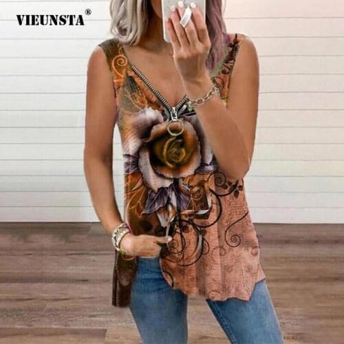 VIEUNST Women Short Sleeve Middle Length Top T-shirt Casual V-Neck Zipper Rose Flower Printing Casual T-Shirt Vest Large Size