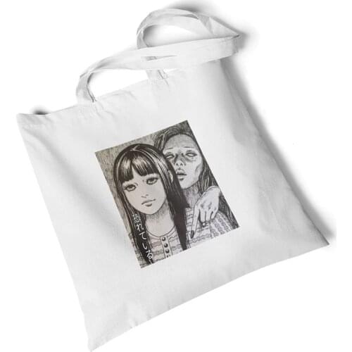 Focal20 Streetwear Dark Anime Girl Print Women Canvas Bag Large Foldable Tote Shopping Bag Storage Reusable Handbag Shoulder Bag