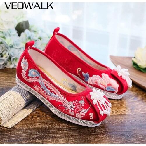 Veowalk Phoenix Embroidered Women Velvet Cotton Platform Shoes with Pearls Knitted Retro Ladies Chinese Red Wedding Bridal Shoes