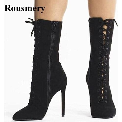 New Fashion Women Pointed Toe Black Suede Leather Lace-up Gladiator Boots Cut-out Super High Heel Ankle Boots Free Shipping