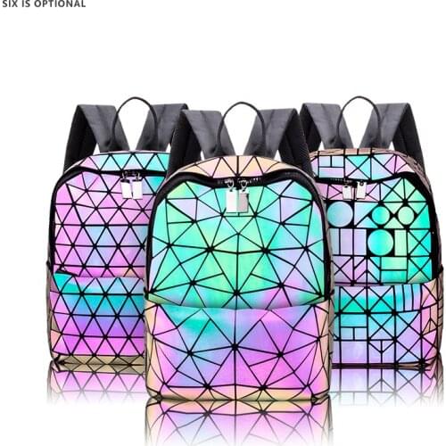 2021 Women new design pu lattice backpack cool girl hippop folding huge capacity geometric luminous school bag