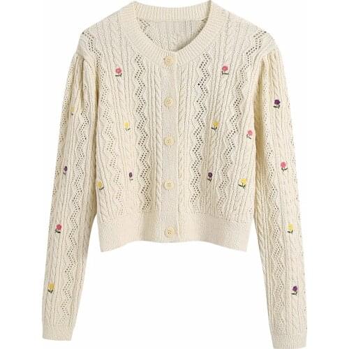 Za Women Retro Solid Color Hollowed Out Embroidery O-neck Knitted Cardigan Short Top Vintage Sweater XITIMEAO
