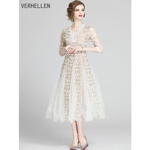 VERHELLEN Autumn 2020 new runway dress French three-dimensional flower embroidery lace stitching mesh high waist dress women