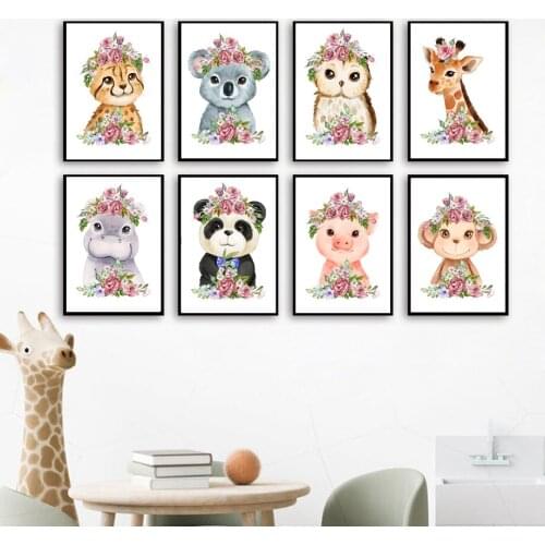Giraffe Leopard Hippo Monkey Owl Flower Nursery Wall Art Print Canvas Painting Nordic Poster Wall Pictures Baby Girl Room Decor