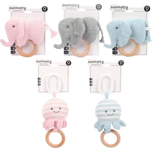 1pc DIY Crochet Cartoon Elephant Octopus Baby Rattle Toys Wooden Baby Teething Ring Newborn Teether Rodents Molar Nursing Toys