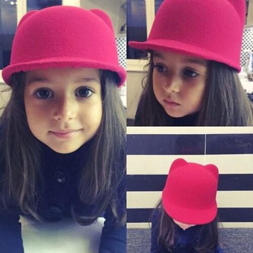 2021 Brand New Winter Warm Kids Baby Girls Cat Ears Wool Derby Bowler Cap Solid 3D Ears Vintage Costume Play Brim Hats Cap