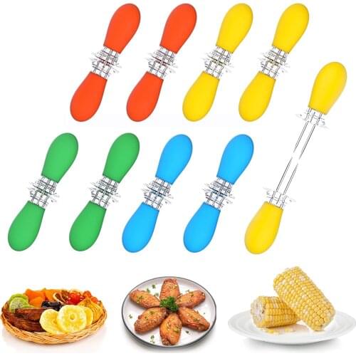 4Pcs in 2 Pairs Corn On The Cob Stainless Steel Corn Holders Sweetcorn Double Fork Skewers Interlocking Design Cooking Forks BBQ
