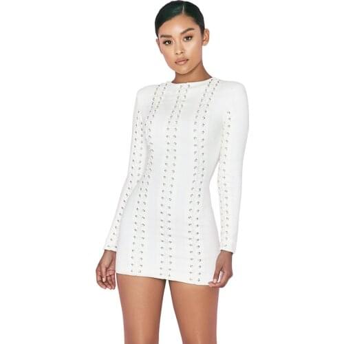 S Curve White Bandage Dresses Back Zipper Long Sleeves Sexy Lace-up Party Dress