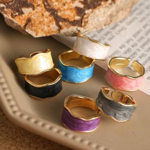 FNIO Vintage Geometric Wave Enamel Drip Glaze Rings For Women Korean Handmade Purple Open Ring Jewelry Travel Gifts