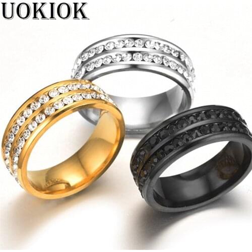 Hip Hop Iced Out Bling Rhinestones Stainless Steel Rings For Women/Men Engagement Wedding Party Jewelry Black Gold Silver Color