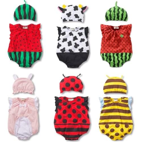 Baby Bodysuit + Hat Summer Baby Boy Girls Watermelon Strawberry Ladybug Jumpsuit Cotton Infant Toddler Costumes Sleeveless