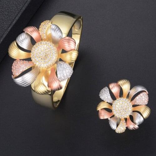 LARRAURI 2PCS Luxury Jewelry Sets Three Tones Cubic Zirconia Bangle Flower Inlaid Bridal Wedding Bracelet Ring For Women