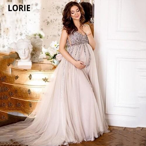 LORIE Beaded V Neck Pregnant Evening Dresses Custom Made Prom Party Gown Long 2020 Soft Tulle A-line Mother Dresses Plus Size