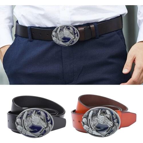 Men Western Leather Belt Gothic Punk Horse Head Belt Buckle Waistband