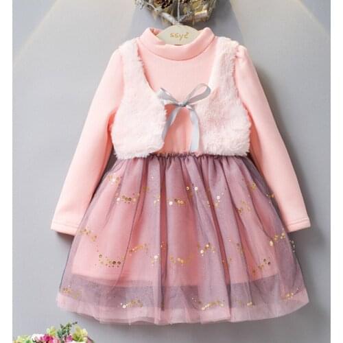 New Year Costume Girls Holiday Dress Pink Plus Velvet Thicken Warm Winter Children Clothes Princess Kids Tutu Dresses