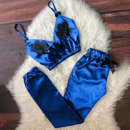 Lace Flower Pajamas Sets Women V-Neck Eyelash Lace Sexy Stain Camisole Pajamas Bowknot Pants Set Femme Sleepwear костюм женский