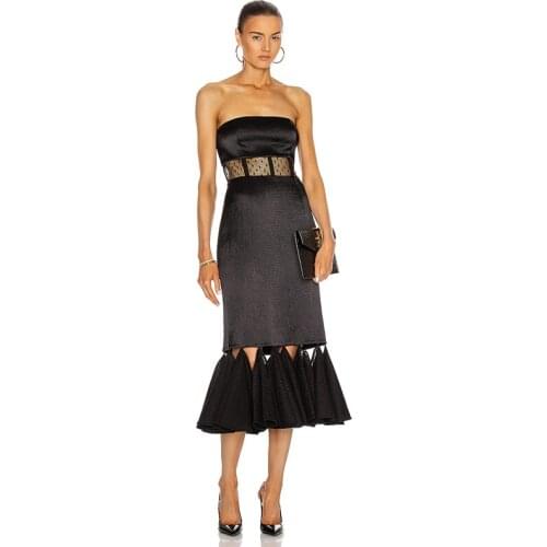 Mesh Patchwork Black Sexy Strapless Ruffles Women Summer Party Dress Elegant Casual Slim Vintage Femme Trumpet Vestidos HD8416