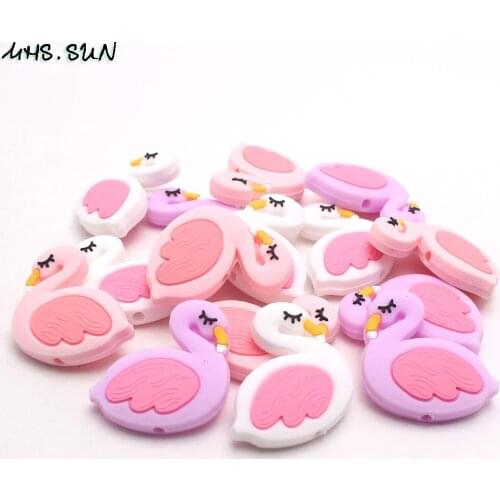 MHS.SUN Food Grade Cute Flamingo Silicone Beads Nursing Chewable Silicone Beads BPA Free DIY Jewelry Toy Necklace Making 4Pcs