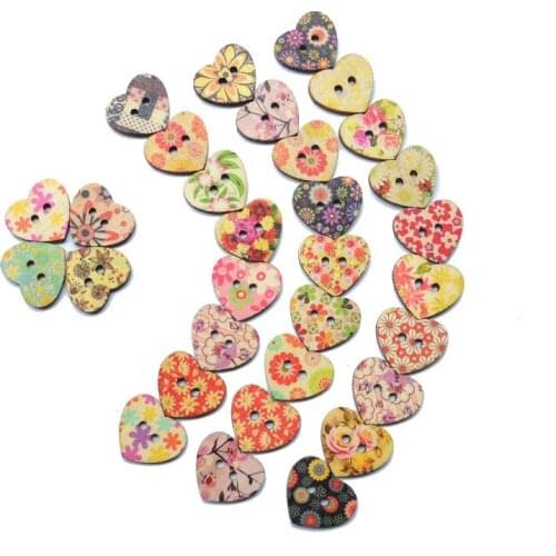 Heart Shaped Painted 2 Hole Wooden Buttons For Sewing, Knitting Crochet Card 50pcs/lot