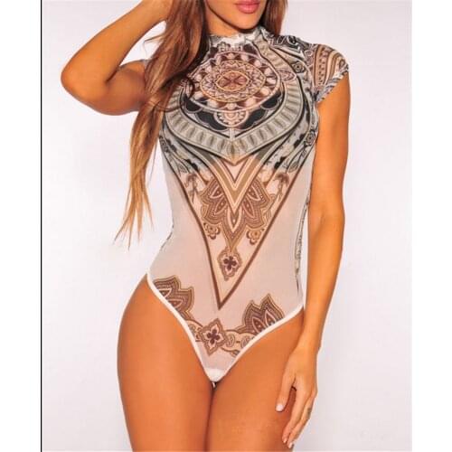 Vintage Short Sleeve One Piece Bodysuit Women Sexy Retro Totem Printed Playsuit Lady Folk-Custom Leotard Top Bodycon Jumpsuits