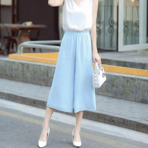 Womens Pants Summer Thin Double Layer Chiffon High Waist Wide Leg Trousers Seven Minute Trousers Loose Casual Trousers
