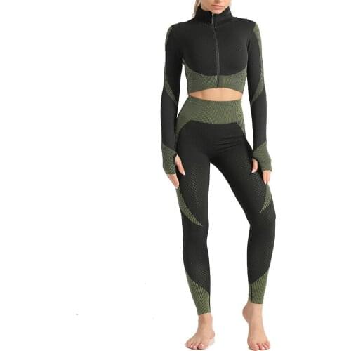 SALSPOR 2Pcs Women Fitness Sets Seamless Suit Women Long Sleeve Zipper Workout Tops Female High Waist Hip Push Up Leggings