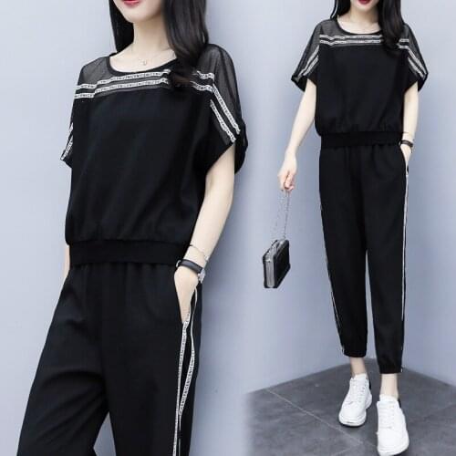 Two piece set top and pants short sleeve casual sports suit womens new loose fashion casual pants 2 piece outfits for women