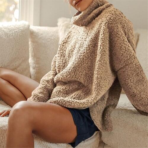 Women Sherpa Turtleneck Sweater Fluffy Teddy Fleece Pullover Faux Fur Fluffy Warm Tops 2021 Winter Streetwear Sweaters