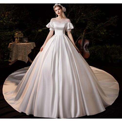 Robe De Mariage Satin Ball Gown Wedding Dress Short Sleeve Simple Sukienka Na Wesele Lace Up Back Suknia Slubna Hochzeitskleid